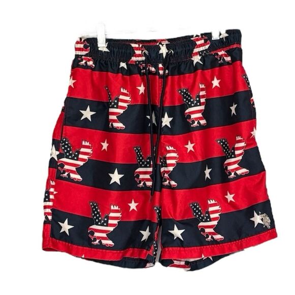 US Polo Association | Stars Stripes Boys Red White Navy Blue Swim Trunks - Picture 1 of 14